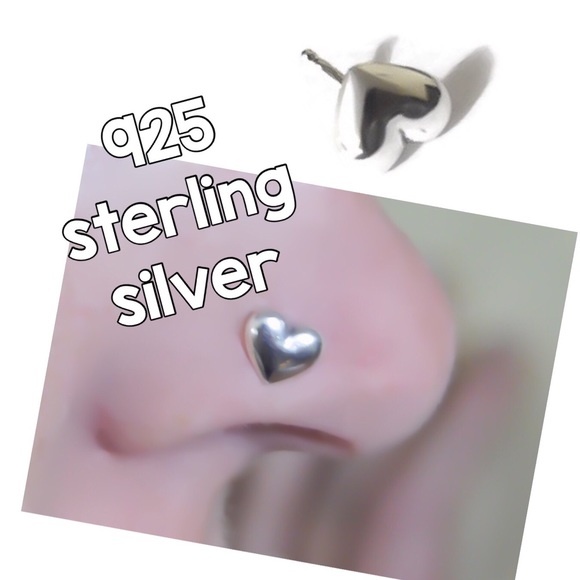 925 Sterling Silver Heart Nose Ring Stud or Screw - Picture 5 of 9